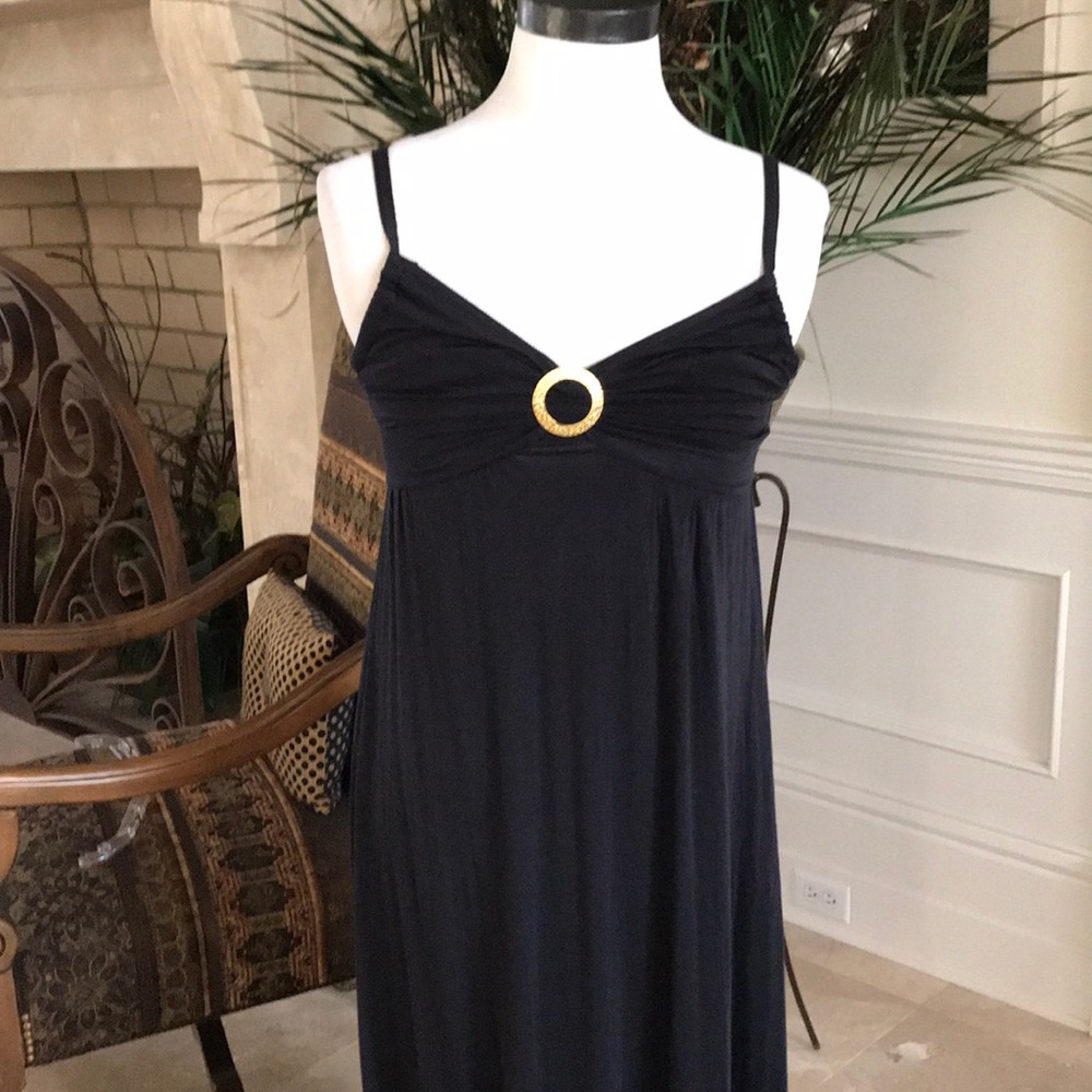Black Maxi Dress with hammered Gold Ring in front